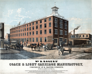 Wm. D. Rogers' coach and light carriage manufactory, corner of 6th & Master Streets, Philadelphia, printed by Wagner & M'Guigan, c.1854 (litho tinted with two stones & hand-colored)


