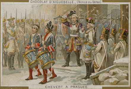Chocolaterie d'Aiguebelle trade card with an image of the Francois de Chevert (chromolitho)
