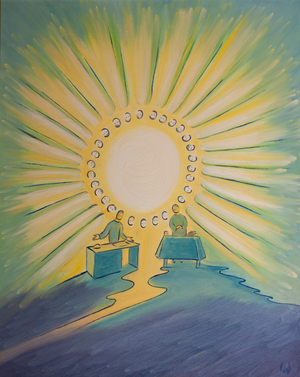 When two people pray in the name of Christ, even if separated by distance, they are united in the communion of saints, 2003 (oil on board)