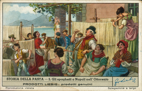 Drying spaghetti, Naples, 19th Century (chromolitho)