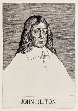 Frontispiece portrait of John Milton (1608-1674) from 'Paradise Lost' by a series of 12 illustrations etched by William Strang (1859-1921)