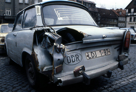 Trabant after an accident, 1990 (photo)