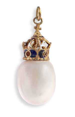 Pearl earring owned by King Charles I, removed from the King's ear after his execution, early 1600's (pearl, gold and enamel)