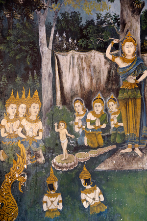 Fresco depicting a scene of the Buddha's life in Wat Phra Doi Suthep, Chiang Mai. Thailand.  Buddha as a child.  (photo)