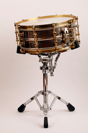 Nickel plating on a Brass shell.Brass fittings, Ludwig Snare or Side drum, Deep model with Millennium lifting snare strainer