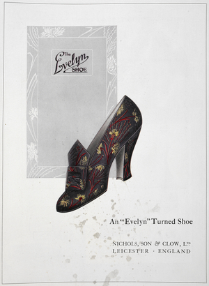 Advertisement for 'the Evelyn shoe'. Floral patterned shoe with buckle.