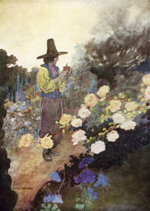 Hans in his garden (colour litho)