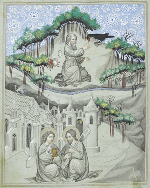 The illustration combines two places mentioned by Mandeville in connection with his voyage. Above, the Prophet Elijah on Mount Carmel is fed by a raven. Below, St. John and St. James seated before the gates of Sephoris. The town is overshadowed by the church built at their birthplace