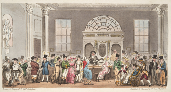 Well known visitors to the Pump Room, Bath, taking a sip with King Bladud, from 'The English Spy', pub. 1824 (hand coloured engraving)