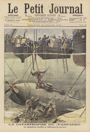 Divers working to raise the sunken French submarine Farfadet (colour litho)