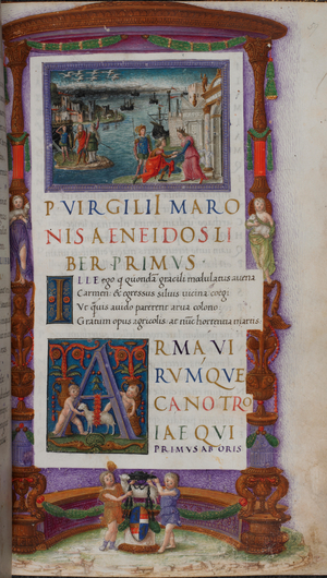 Book I. Aeneas welcomed at Carthage by Dido. In the background is Troy, in ruins, and the Trojan fleet. On the near left, Aeneas and companions have landed in Africa and see the good omen of the flying swans. The manuscript was probably produced for Ludovico Agnelli, Bishop of Cosenza