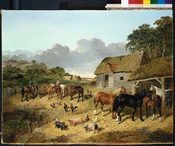 Horses drinking from a water trough, with pigs and chickens in a farmyard (oil on canvas)