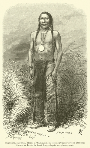Shawanoh, chef yute, envoye a Washington en 1863 pour traiter avec le president Lincoln (engraving)