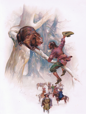 So he began jumping and shaking the bough at which the bear began to totter (colour litho)