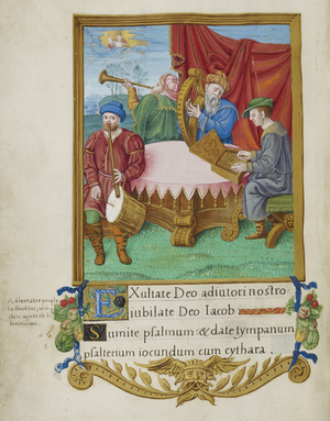 Psalm 80. Musicians with drum, flute-a-bec, trumpet, harp and dulcimer. Below, calligraphic text with decoration.
Tudor musicians.