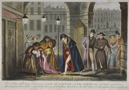 A scene under the the piazzas of Covent Garden, 1830 (hand-coloured aquatint)
