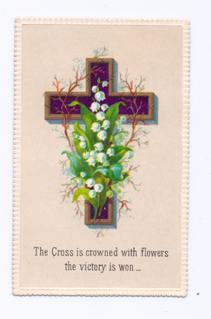 A Victorian religious greeting card of a cross decorated with lily of the valley, c.1880 (colour litho)