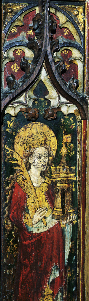 St Barbara, detail of the rood screen, St Mary's Church, North Elmham, Norfolk, UK (tempera on wood)