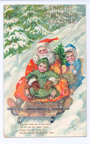 Edwardian Christmas postcard of Father Christmas on a sledge with two children in the snow, c.1910 (colour litho)