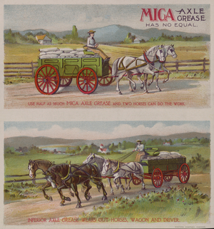 American trade card advertising Mica axle grease (colour litho)