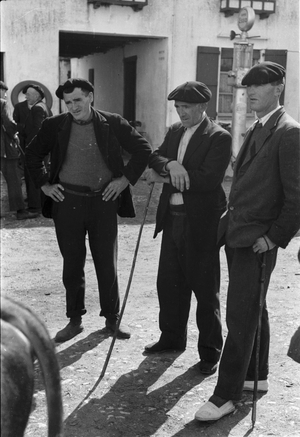 France - Southern France in 1950s, Basque region, three Basques. Photo by Erich Andres South of France around 1950, old Basques at the cattle market
