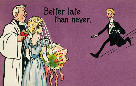 Groom ariving late for his wedding (chromolitho)