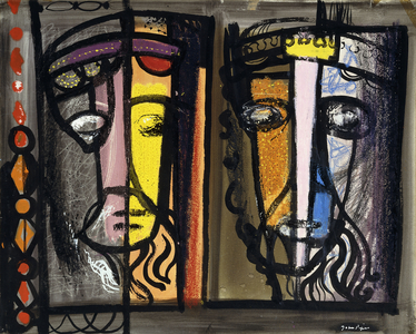 Two Heads - Design for a stained-glass window, (watercolour, gouache, wax chalk and brush on paper)