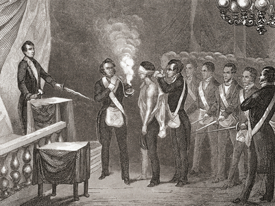 An apprentice is initiated into Freemasonry, from a 19th century illustration