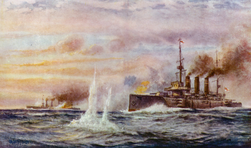 The fight between the Kent and the Nurnberg (colour litho)