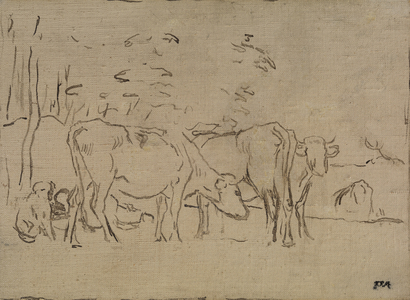 Landscape with Cows, Cowherd and Dog, forgery in the manner of Jean-François Millet (1814-75), 1800-99 (oil on canvas)