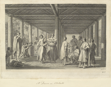 A dance in Otaheite. Drawn and engraved by J.B Cupriani and F. Bartolozzi.
Three Raiatean women dancing, accompanied by two drummers and a flautist. The flautist is blowing a nose flute. The scene is an interior one, with the group surrounded by columns.