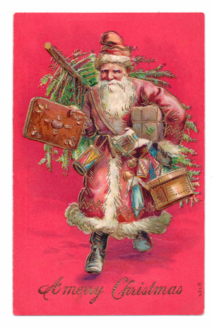Edwardian Christmas postcard of Father Christmas with toys and gifts under one arm and a Christmas tree on his back, c.1910 (colour litho)