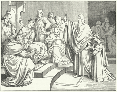 Beatrice of Hohenstaufen asking King Otto IV of Germany to avenge the murder of her father, Philip of Swabia (engraving)