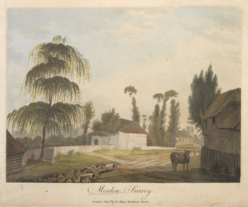 A cow by a barn; a country track running through the centre of the scene; buildings to the left; trees throughout the view