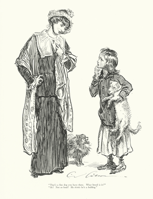 "That's a fine dog you have there. What breed is it?" "She! Not so loud! He thinks he's a bulldog" (litho)