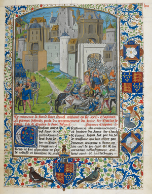 Sortie from Nantes; with decorated borders including the arms of King Edward IV, and initial 'C' with text below