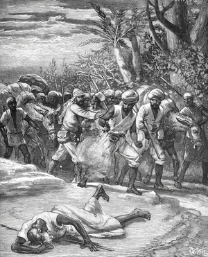 French Mission Gallieni & Project for a TransSahara Railway Shooting Traitor on the Upper Niger near Bamako Mali, 1881 (engraving)