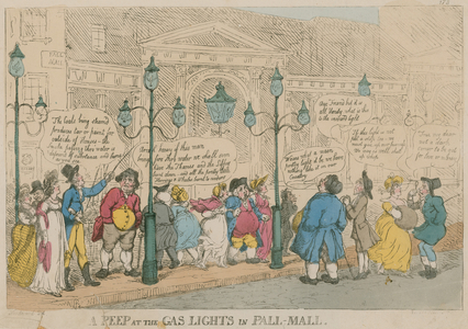 A Peep at the Gas Lights in Pall Mall, London (coloured engraving)