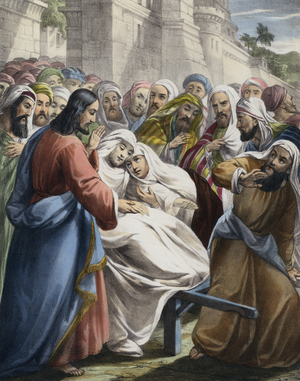 The son of The Widow Of Nain raised to life (coloured engraving)