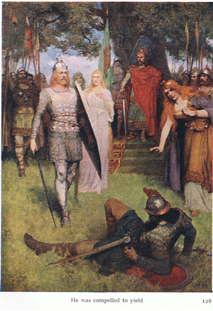 He was compelled to yield, illustration from The Stories of Wagner's Operas pub. by George Harrap & Co Ltd 1932 (colour litho)