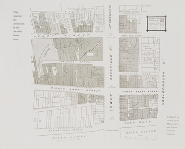 Plan showing the destroyed districts in the Sackville Street area, from 'An Illustrated Record of the Sinn Fein Revolt in Dublin, April 1916' (litho)