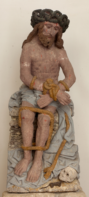Parish church (Sint-Bavokerk). Interior. Statue of a Christ; polychrome stone.