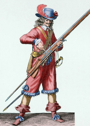 France. Army of the 18th century. Musketeer of the Infantry of Louis XIV filling the musket's bowl with black powder. Colored engraving.