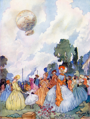 Montgolfier's balloon ascent at Annonay, near Lyons, 5 June 1783 (colour litho)