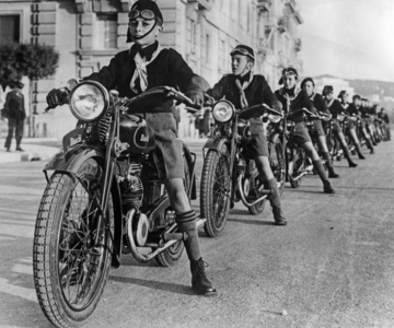 Motorized unit of the fascist 'Balilla' in Italy, 1935. (b/w photo)