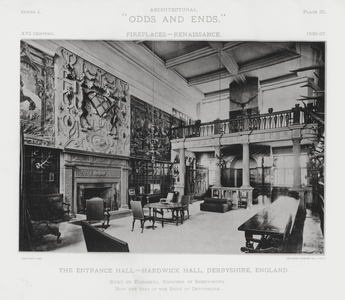 Fireplace: The Entrance Hall, Hardwick Hall, Derbyshire, England (b/w photo)