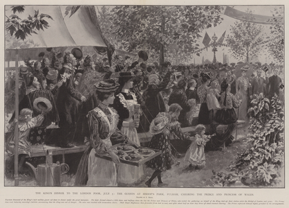 The King's Dinner to the London Poor, 5 July, the Guests at Bishop's Park, Fulham, cheering the Prince and Princess of Wales (litho)