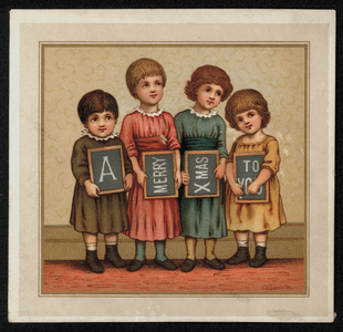 Children holding slates with a Christmas message, greetings card. (chromolitho)