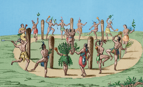 16th century. Native American dance. Virginia. Men and women dancing around "Three of the fayrest Virgins" at center. Engraving by Vernier, 19th century. Later colouration.