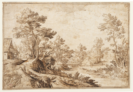Landscape with river and village, c.1501-1600 (black chalk, pen and brown ink on laid paper)